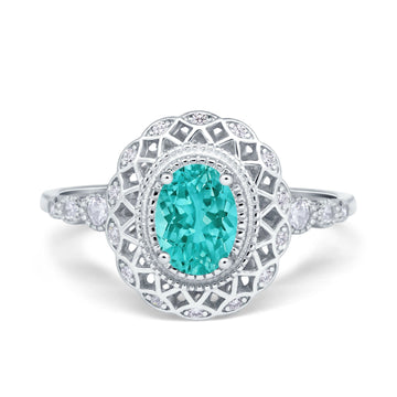 Oval Vintage Art Deco Halo Wedding Engagement Bridal Ring Round Simulated Paraiba Tourmaline CZ 925 Sterling Silver